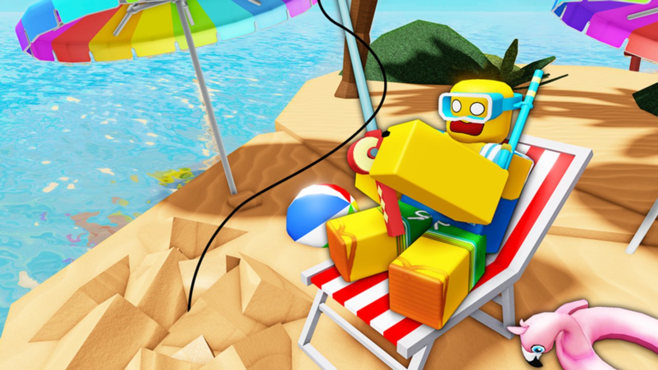 Roblox Fisch avatar fishing from a beach chair under rainbow umbrellas on a tropical shore