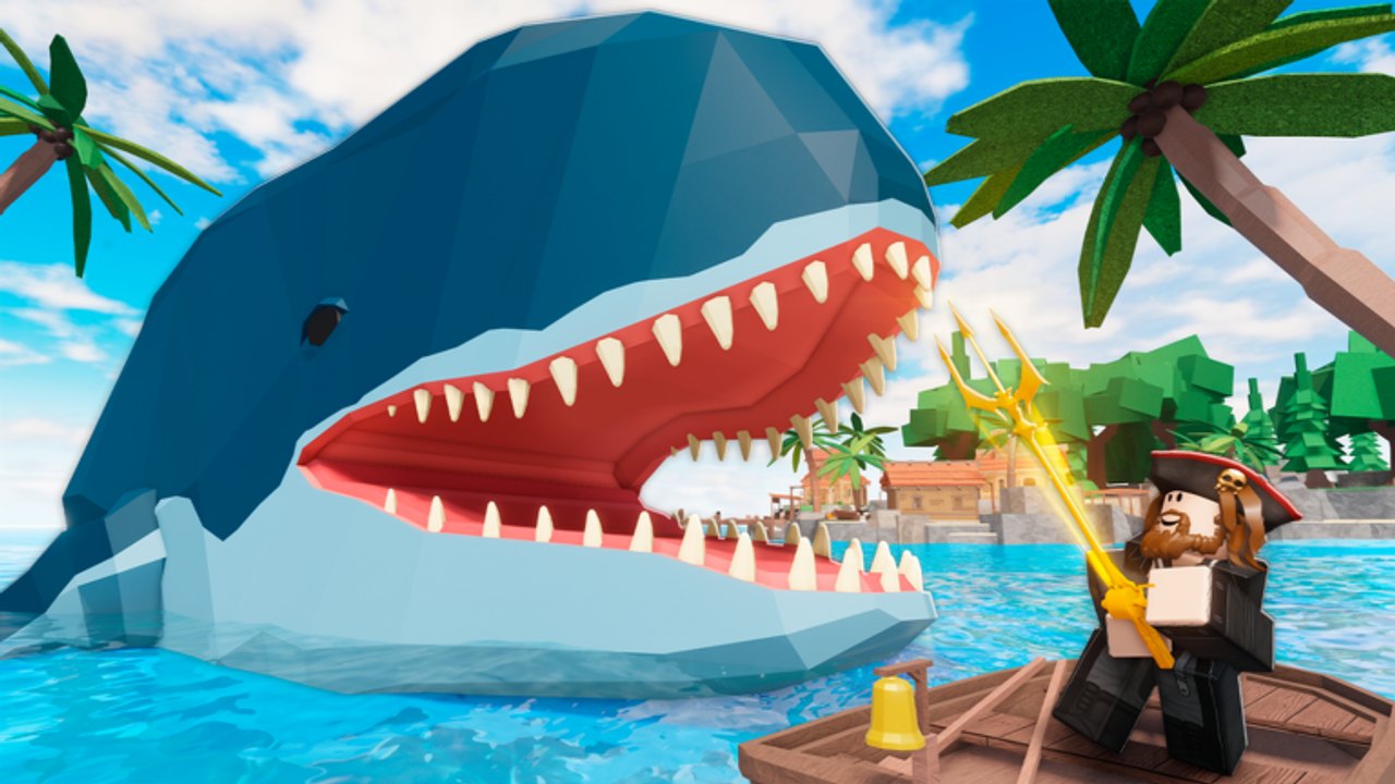 Giant blue whale rising beside a pirate with a gold trident on a raft in Roblox Fisch